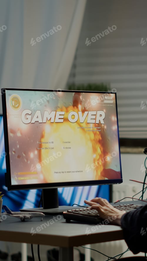 Preview: Furious pro woman gamer with headset losing space shooter video game