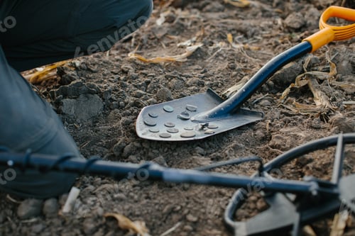 Preview: A man puts coins found with a metal detector on a shovel.