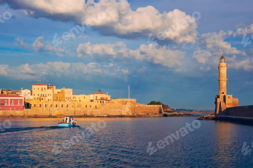 Preview: Boat in picturesque old port of Chania, Crete island. Greece