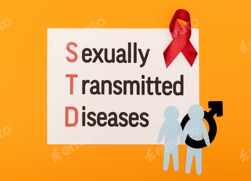 Preview: top view of paper people with male gender symbol near red ribbon and paper with sexually transmitted
