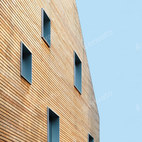 Preview: Wooden wall of modern building with windows