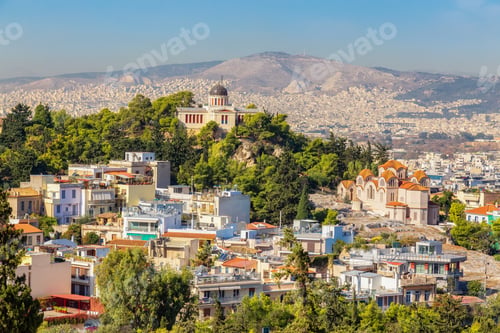 Preview: Residential Homes in a Historic City with Cityscape and Mountains. Areopagus Hill, Athens, Greece.