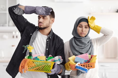 Preview: Tired muslim family after cleaning their new apartment