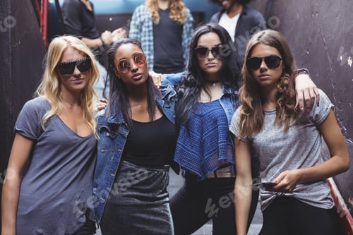 Preview: Portrait of female friends wearing sunglasses while staning together