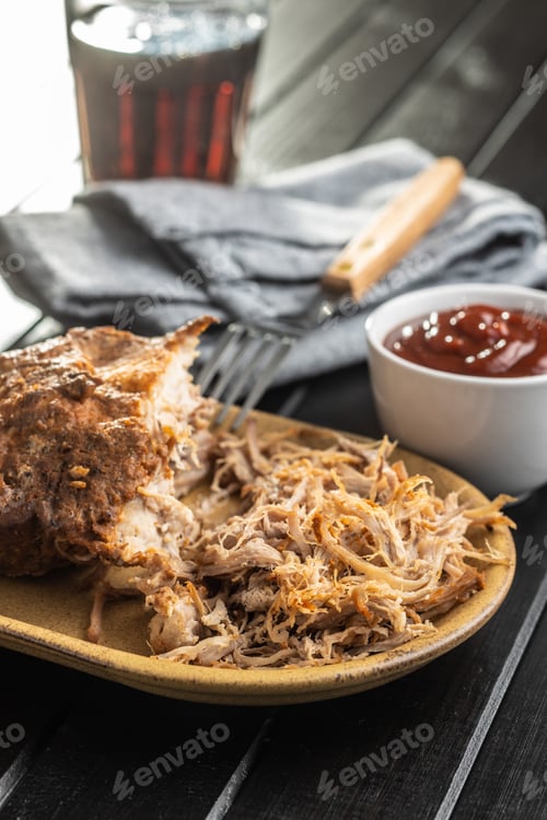 Barbecue Pulled Pork with Sauce and Drink