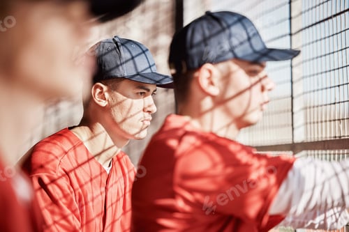Preview: Baseball, ready and dugout with a sports man watching a competitive game outdoor during summer for