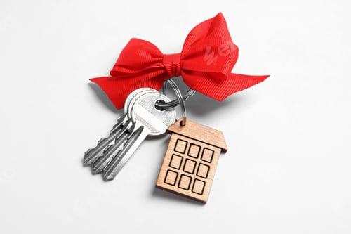 Preview: House keys with trinket and bow on white background