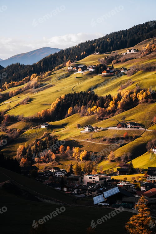 Preview: Houses on a mountain during sunset in Santa Magdalena Dolomites Tyrol Italy
