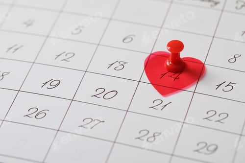 Preview: Calendar page with red pin and heart on Valentine's Day, closeup