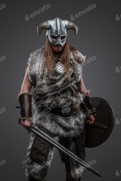 Preview: Long haired viking from past with shield and sword