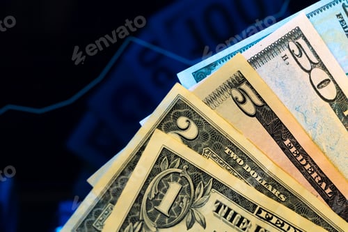 Preview: American dollar banknotes and graph on black background