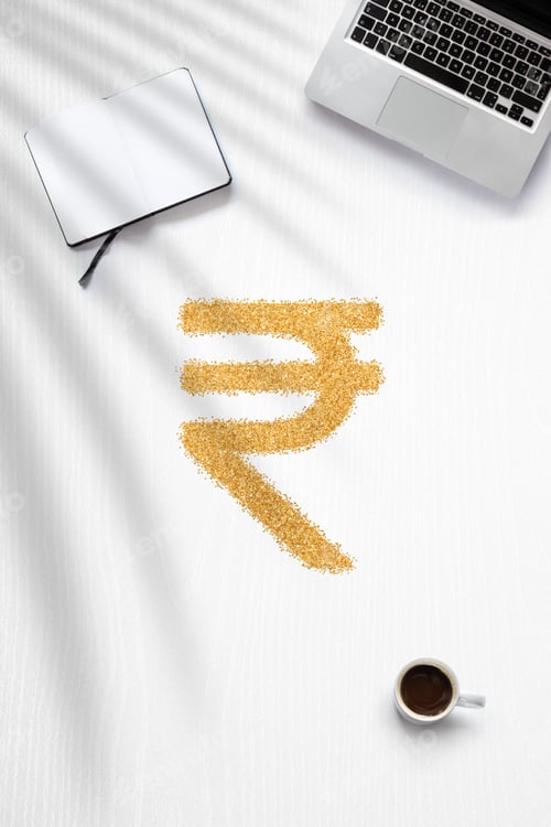 Preview: Flat lay about earning money from home with a Rupee sign