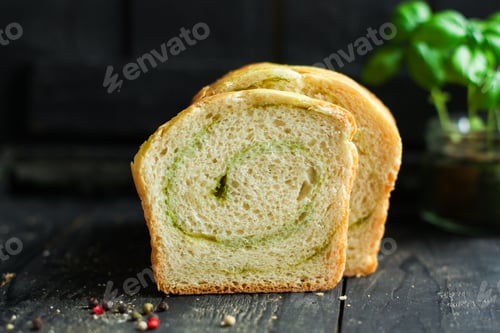 Preview: Bread Roll With Spinach And Herbs Homemade Baking Menu Concept Healthy Eating. Food Background Top