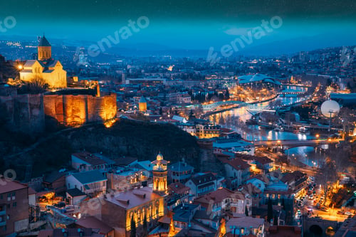 Preview: Tbilisi, Georgia. starry sky night sky above cityscape skyline, Scenic View Old Historic District Of