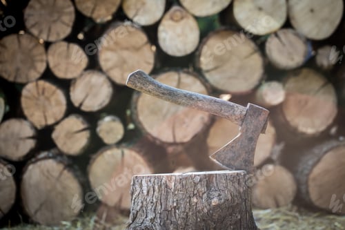 Preview: A deck of stacked logs and an axe