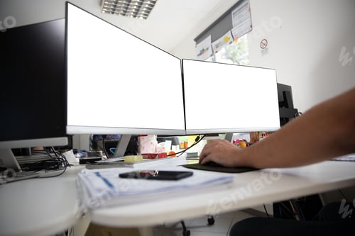 Preview: Two Screens in an office with white background. Mockup desk in the office.