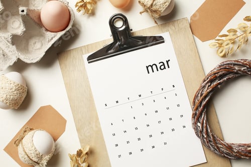 Preview: March Calendar with Easter Eggs and Spring Decor on White Background