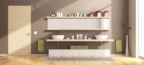 Preview: Modern bathroom with washbasins on wooden shelf