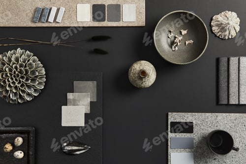 Flat lay composition of creative black architect moodboard