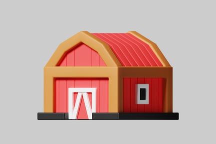 Preview: Red and yellow building with gable roof and white door and window.
