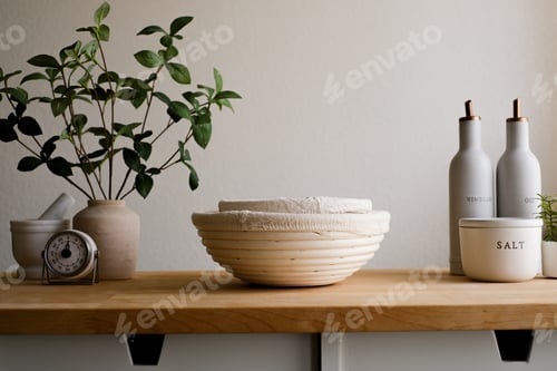 Preview: A neatly kitchen counter top with woven baskets.