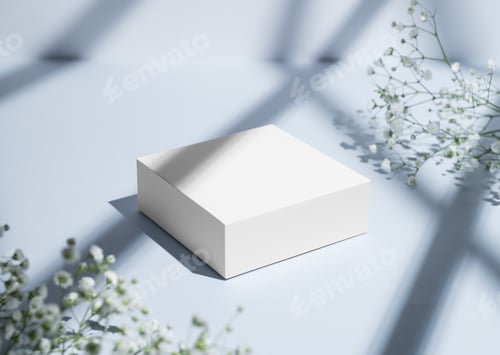 Preview: White square box on a blue background with gypsophila flowers and shadows.