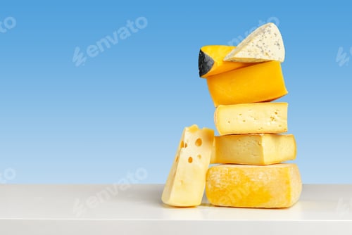 Preview: Stacked varieties of cheese on a white surface against a blue background