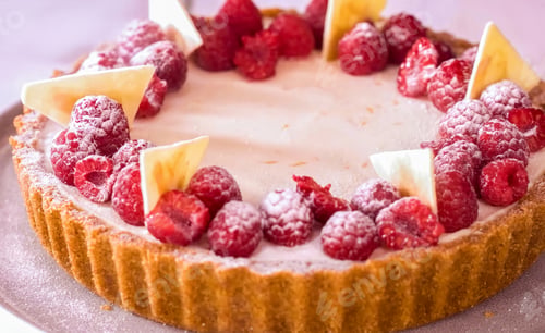 Preview: Cheesecake with raspberry on plate, close up, decorated, minimal. Homemade berry cheesecake. For bir