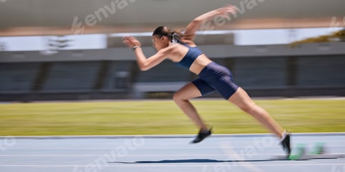 Preview: Athlete, running and sports track with a woman outdoor for fitness, exercise and training for a rac