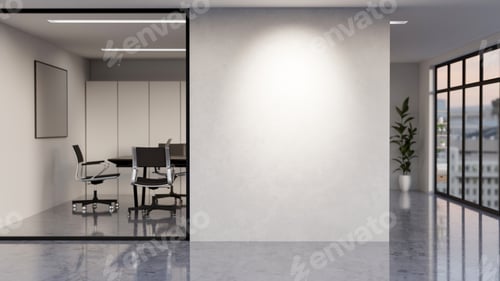 Preview: Shiny grey marble floor corridor along the wall of office meeting room with black table and armchair