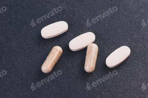 Preview: Closeup shot of white pills isolated on black background