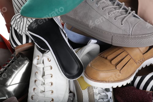 Preview: Different colorful female shoes as background, closeup