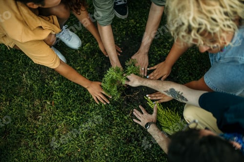 Preview: Group hands planting young tree for earth conservation