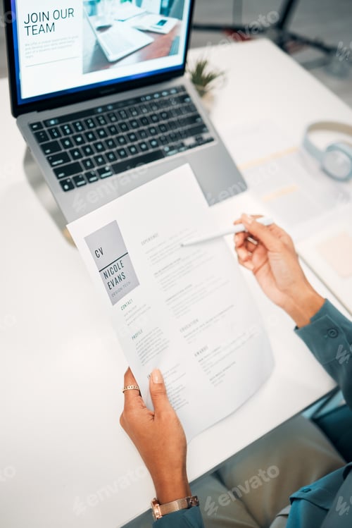Preview: Hands, pen and human resources with CV, hiring and recruitment in workplace, information and job ap