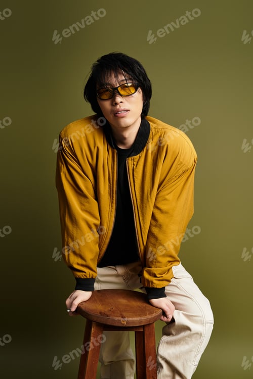 Preview: Stylish young man posing confidently in a studio with a vibrant backdrop