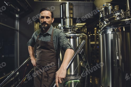 Preview: Male brewery worker in apron standing and looking at camera
