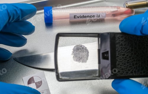 Preview: Police investigates with a magnifying glass fingerprint on a knife, conceptual image