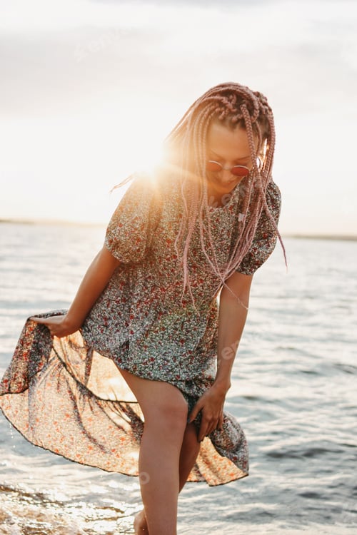 Preview: ⚡Nominated ⚡Happy romantic young woman with braids in sunglasses enjoy her life on the beach