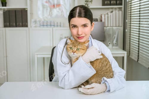 Preview: Cute female veterinarian in a white coat cradling a small striped cat.