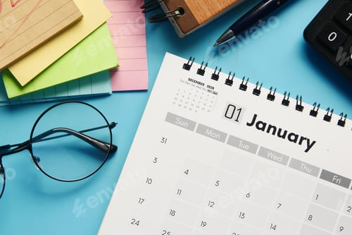 Preview: January month on calendar on office desk