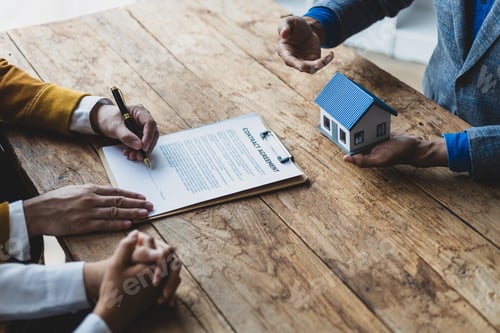 Preview: Couple is signing a home sales contract with the salesman.