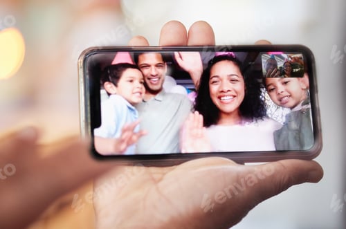 Preview: Video call, hand and phone screen with family to wave for birthday party at home with communication