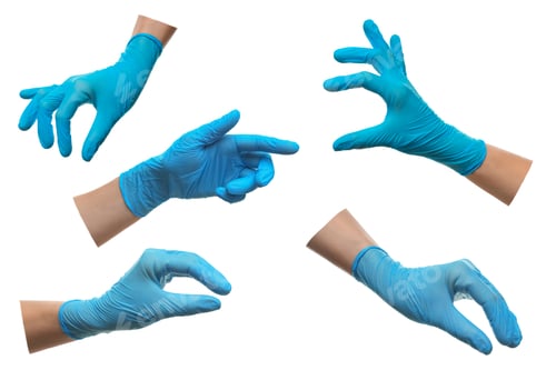 Preview: Woman wearing medical glove on white background, closeup. Collage of photos