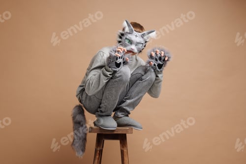 Preview: quadrobics portrait, Teenager in cat mask on beige background, studio photo,