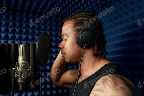 Preview: Young african american blogger recording new podcast, blogging, modern methods of personal brand