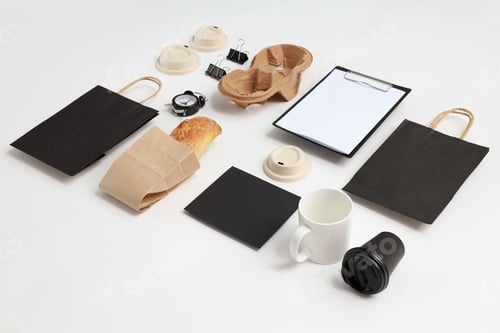 Preview: Mockup flat lay with different office accessories on white background