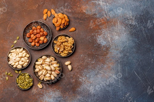 Preview: A vibrant assortment of various nuts, including almonds, walnuts, hazelnuts, cashews, and pistachios