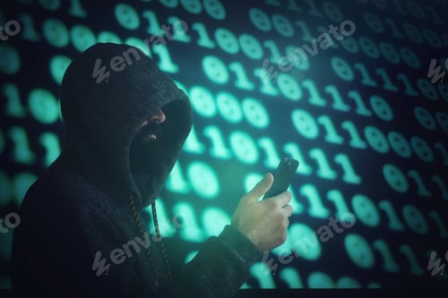 Preview: Man holding a cell phone against digital background
