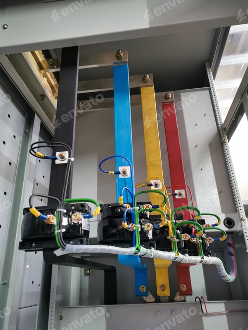 Preview: Image of copper busbar connection in electrical cabinet. Selective focus.