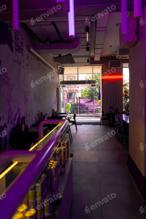 Preview: the interior of a Korean institution in neon color in a restaurant tables a bar counter